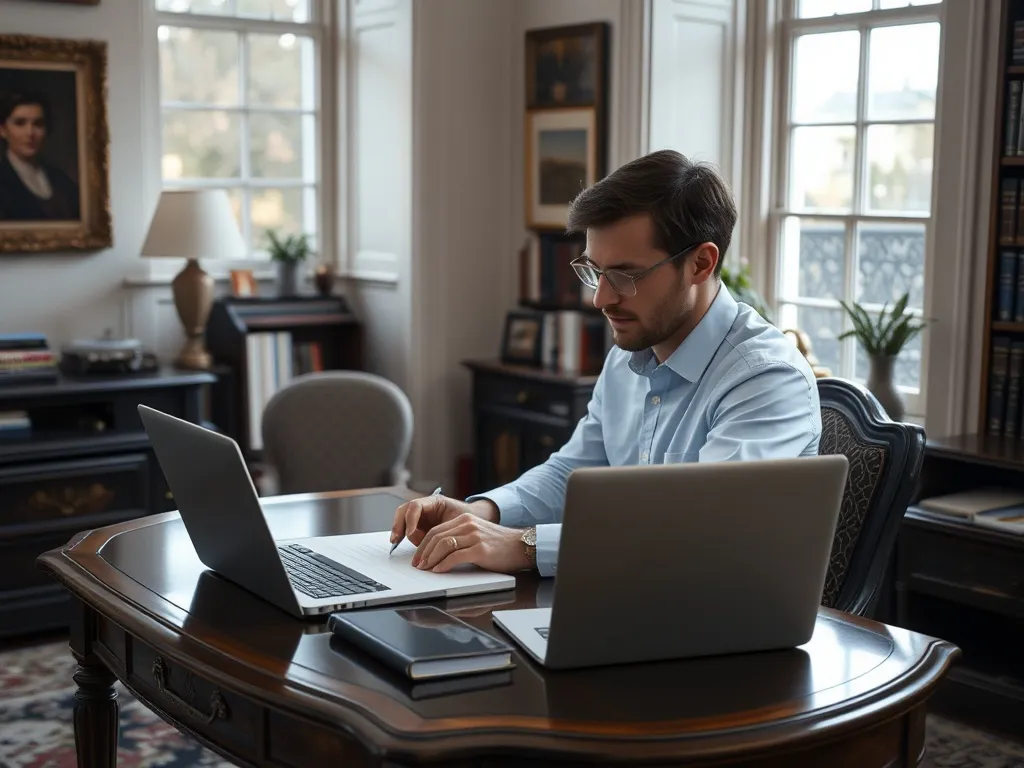 Desk with laptop and papers